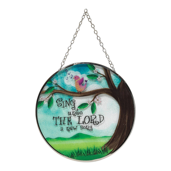 Round bird glass suncatcher with hanging chain and 'Sing unto the Lord' text