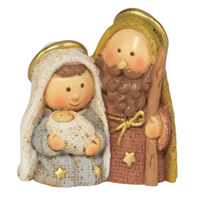Nativity figurine set: man holding baby, gold halos, star details