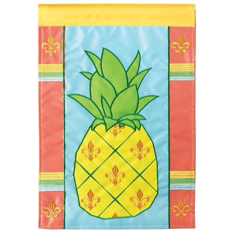Yellow pineapple garden flag with fleur-de-lis border and teal background