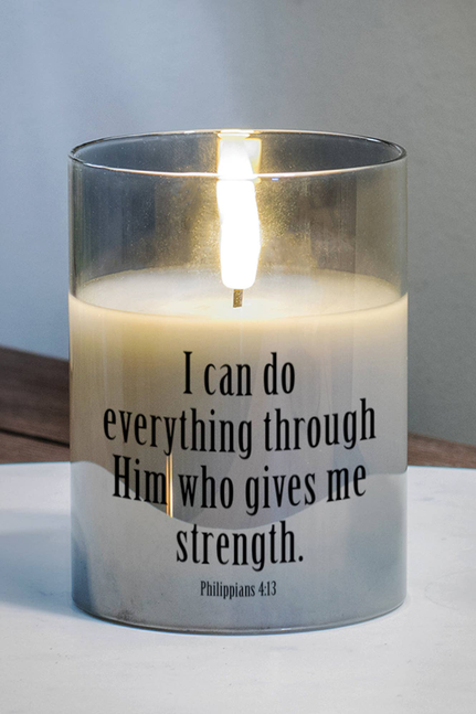 LED candle in grey glass with quote text: “I can do everything through Him”.