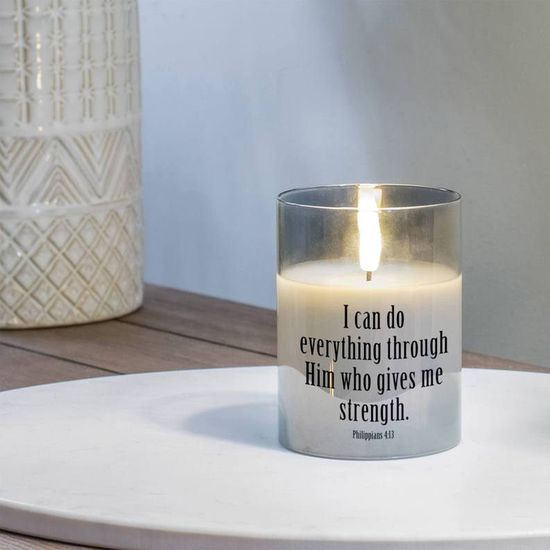 LED candle in grey glass with full quote and “Philippians 4:13” on front.