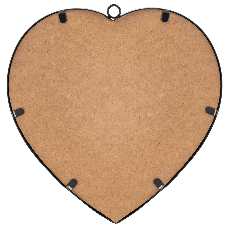 Heart-shaped mirror backer with black frame and hanging loop; medium size