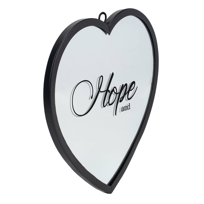 Heart-shaped wall mirror with black frame and “Hope and” script design