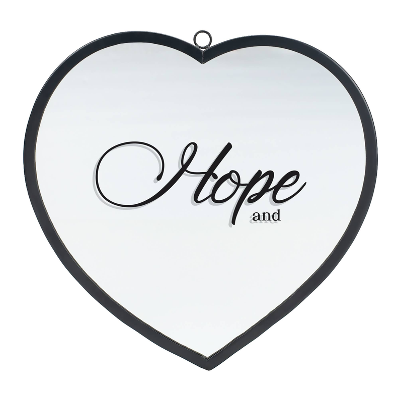 Heart-shaped wall mirror with black frame and “Hope and” typography