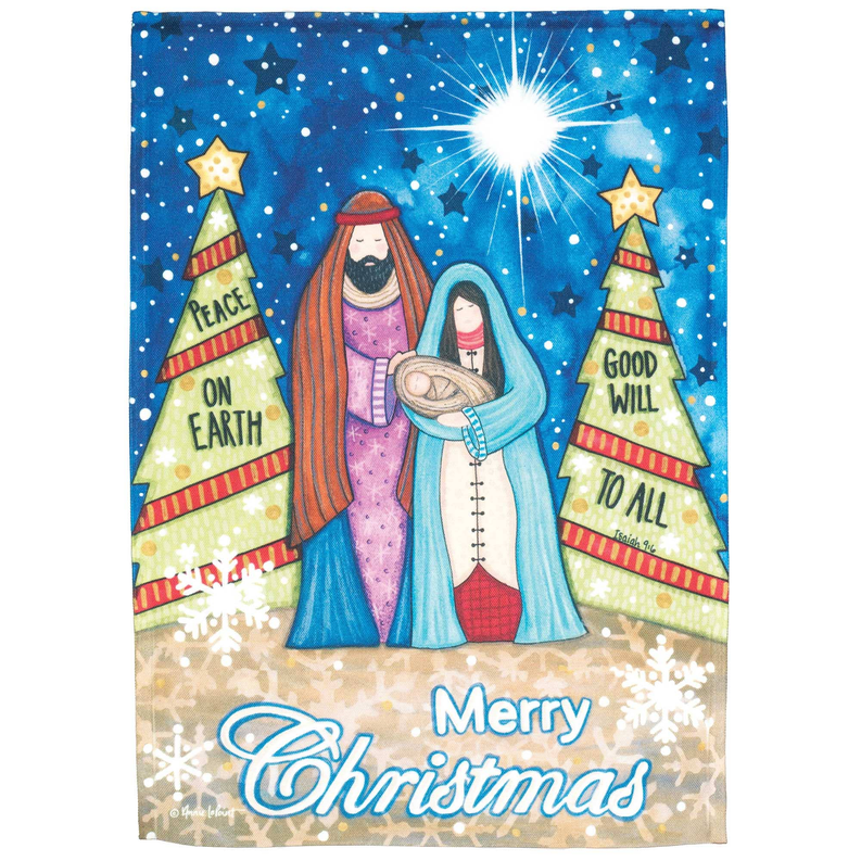 Blue nativity garden flag with Holy Family, decorated trees, and “Merry Christmas” text
