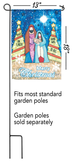 Holy Family Christmas garden flag, blue star scene, “Merry Christmas,” 13 x 18 in