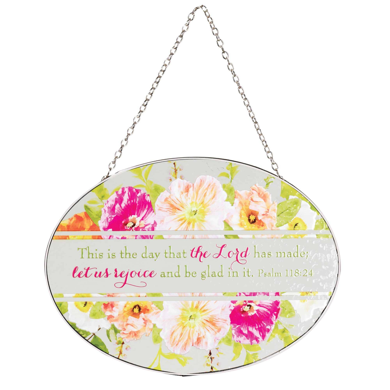 Oval floral suncatcher with Psalm 118:24 text, silver hanging chain