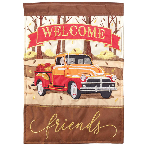 Brown poly welcome flag with red ribbon banner, vintage truck graphic, and “Friends” text