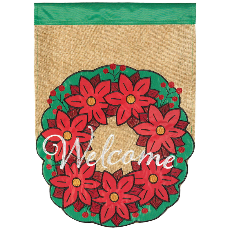 Christmas wreath flag with green wreath and red poinsettias, 'Welcome' text