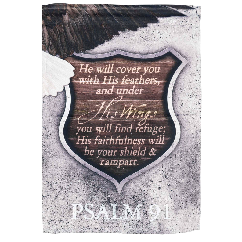Psalm 91 eagle garden flag close-up with shield scripture, wing feathers, PSALM 91