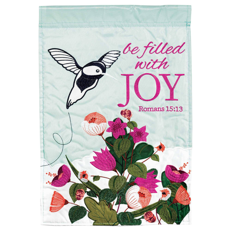 Light blue garden flag with hummingbird, flowers, and 'Be filled with Joy' Romans 15:13