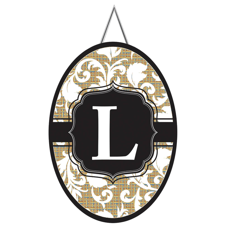 Monogram door banner with letter L in black oval on gold-and-white pattern