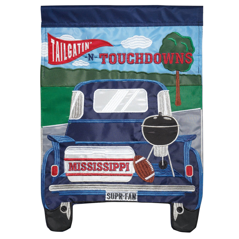 Red, navy and green football-themed decorative flag with “Touchdowns” graphic