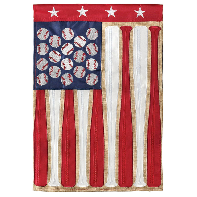 Baseball-themed fabric banner with star top border, baseballs, and red striped panels