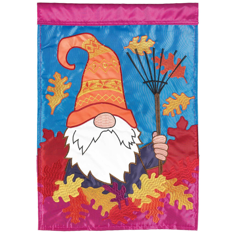 Fall gnome burlap flag with leaf applique and rake, multicolor design on blue