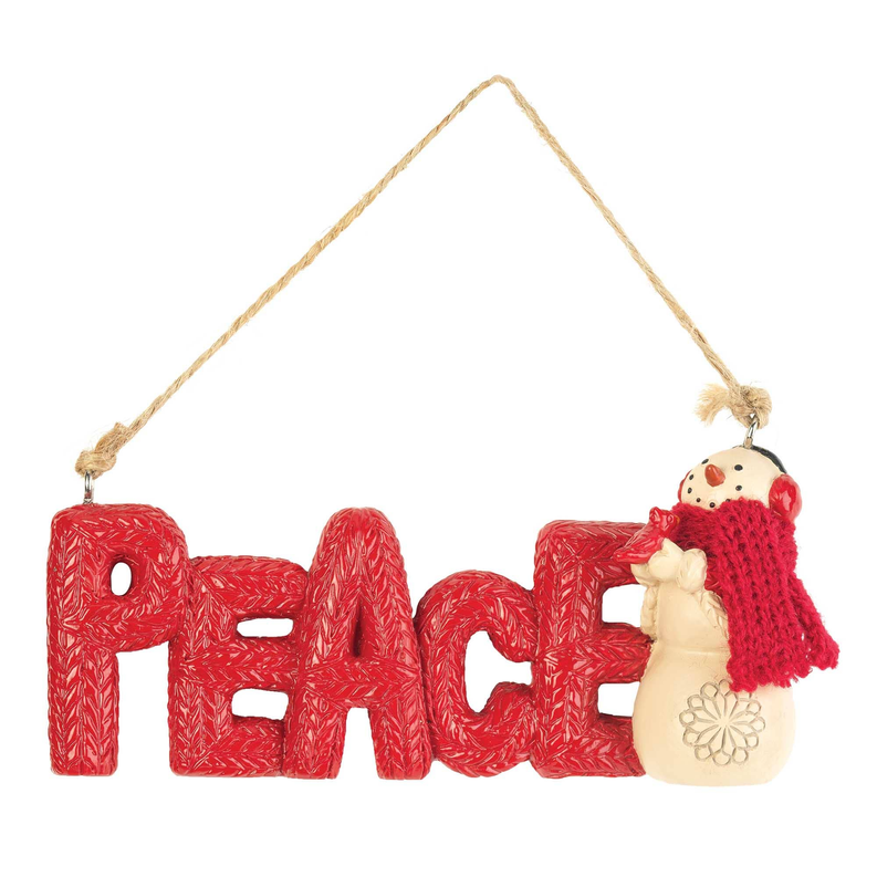 Resin peace ornament: red PEACE letters with snowman figure on right, hanging loop