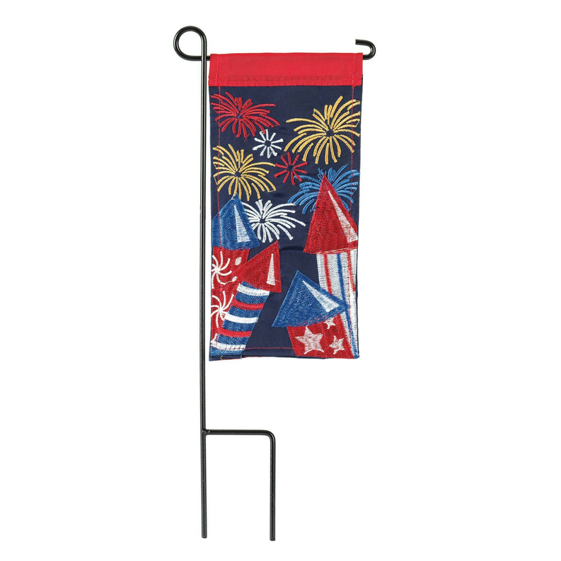 Fireworks mini garden flag on metal stand, navy, red, white with star and firework graphics