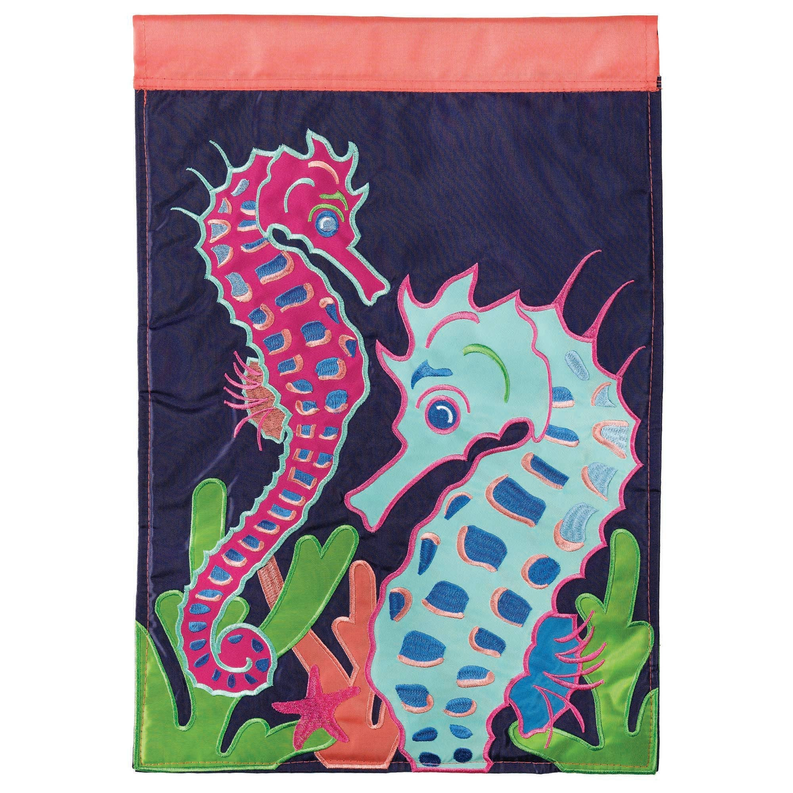 Decorative seahorse pair fabric banner, 29x44 with navy coral and colorful seahorse print