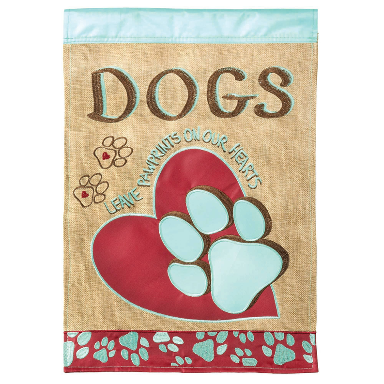 Burlap dog pawprints flag with Dogs text and heart paw graphic
