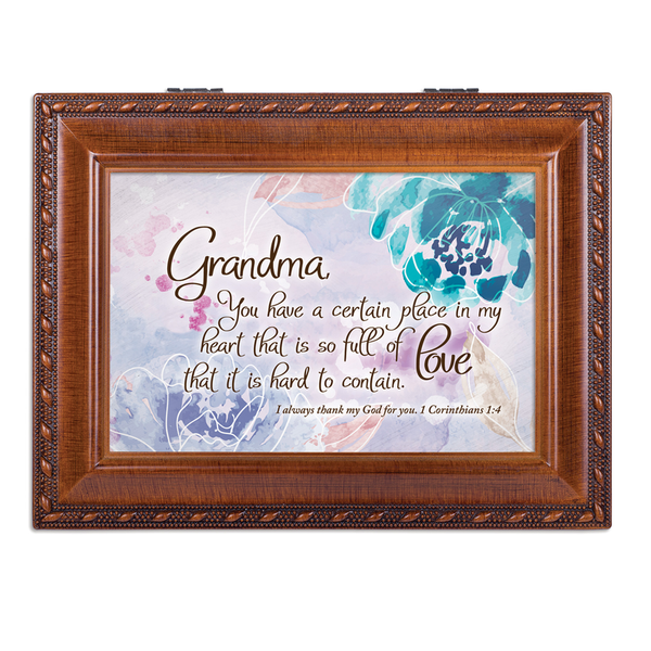 Wooden music box with Grandma quote print behind glass panel and floral heart art