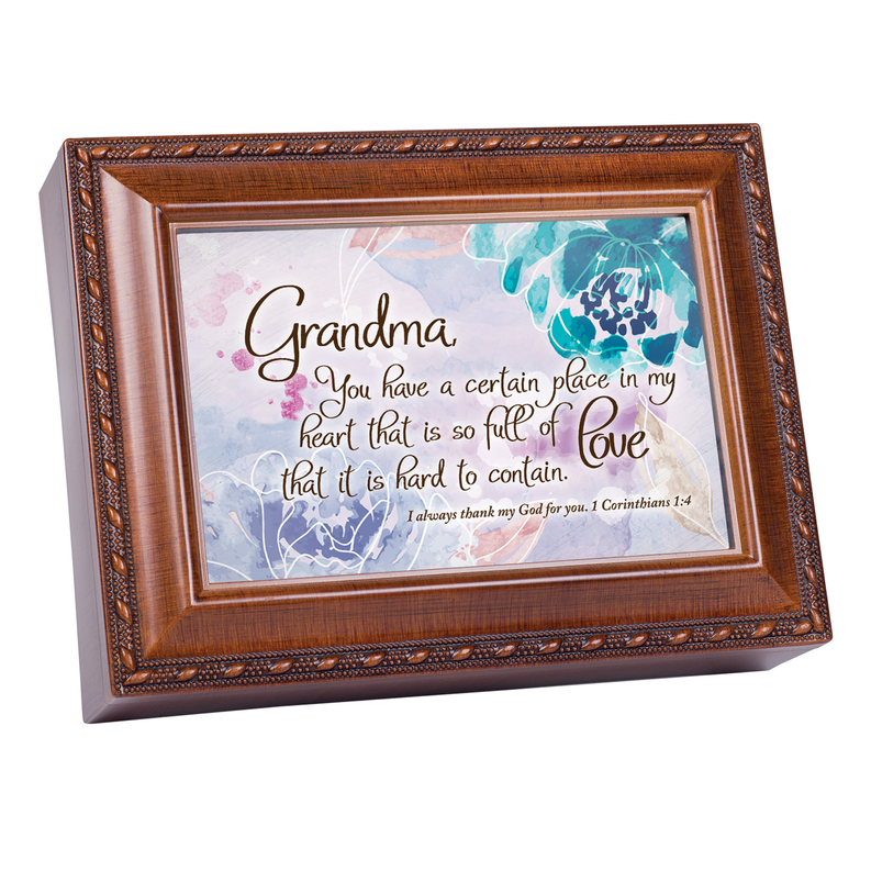 Wooden music box featuring Grandma quote print and decorative floral framed border