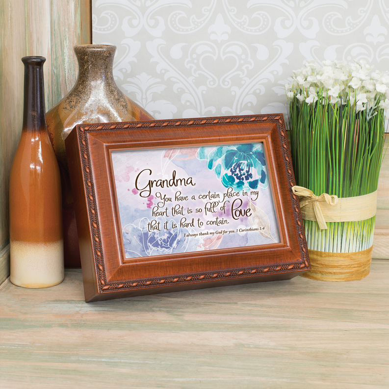 Wooden music box with glass front and floral Grandma quote print in ornate frame
