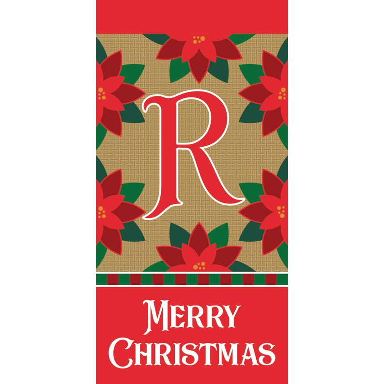 Merry Christmas mini flag with monogram R and poinsettia floral border
