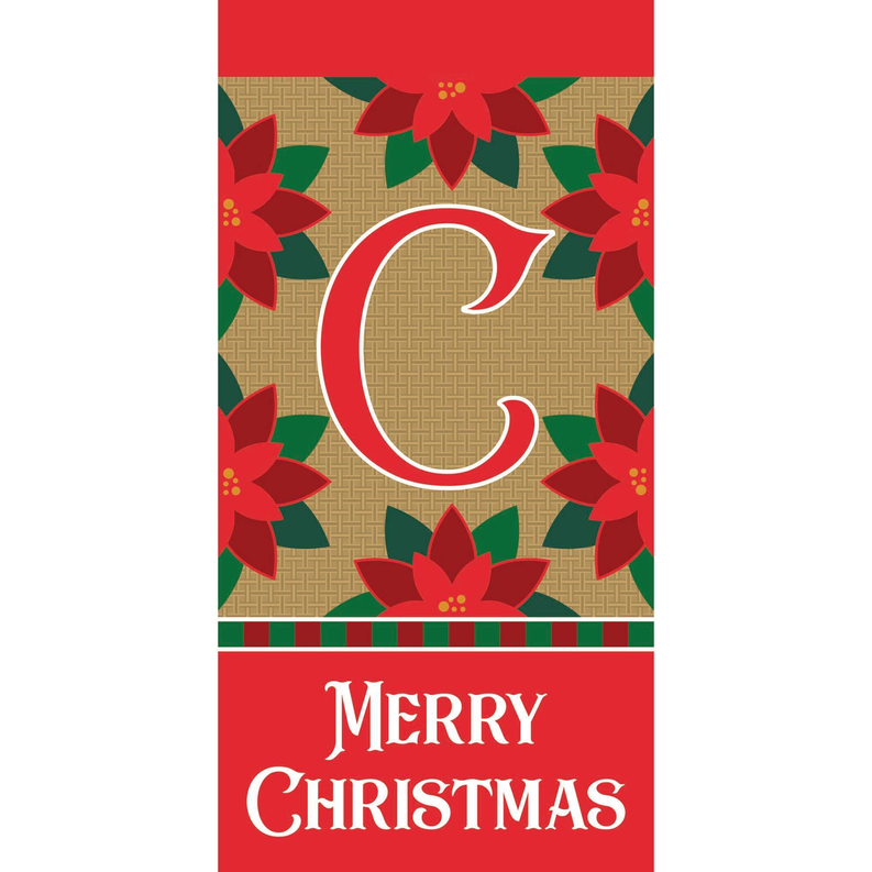 Mini Christmas flag with red poinsettias, monogram C, and “Merry Christmas” text