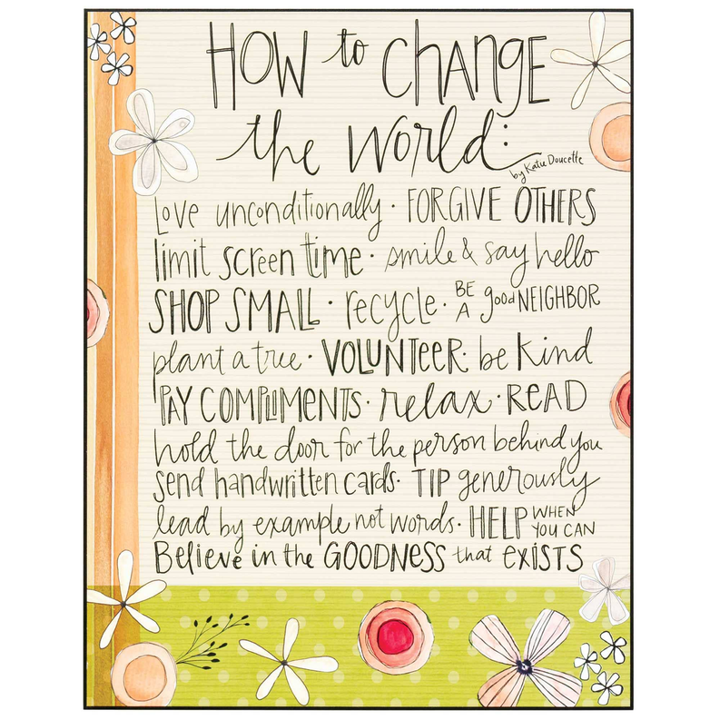 Wall plaque front with handwritten-style quote, flowers, and orange-and-green accents.