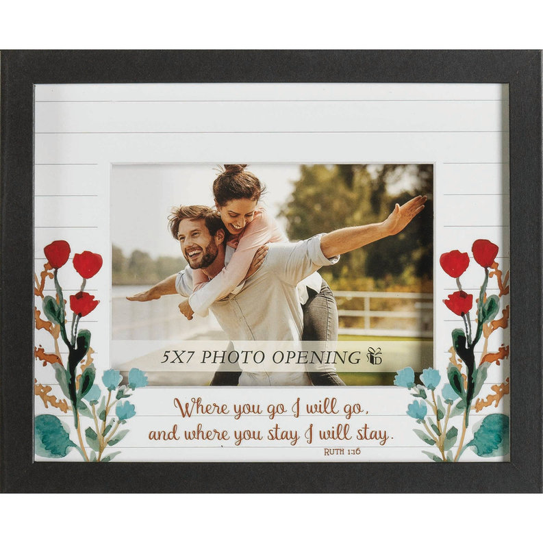 Dark gray 5x7 photo frame with red roses and leaves on corner panels
