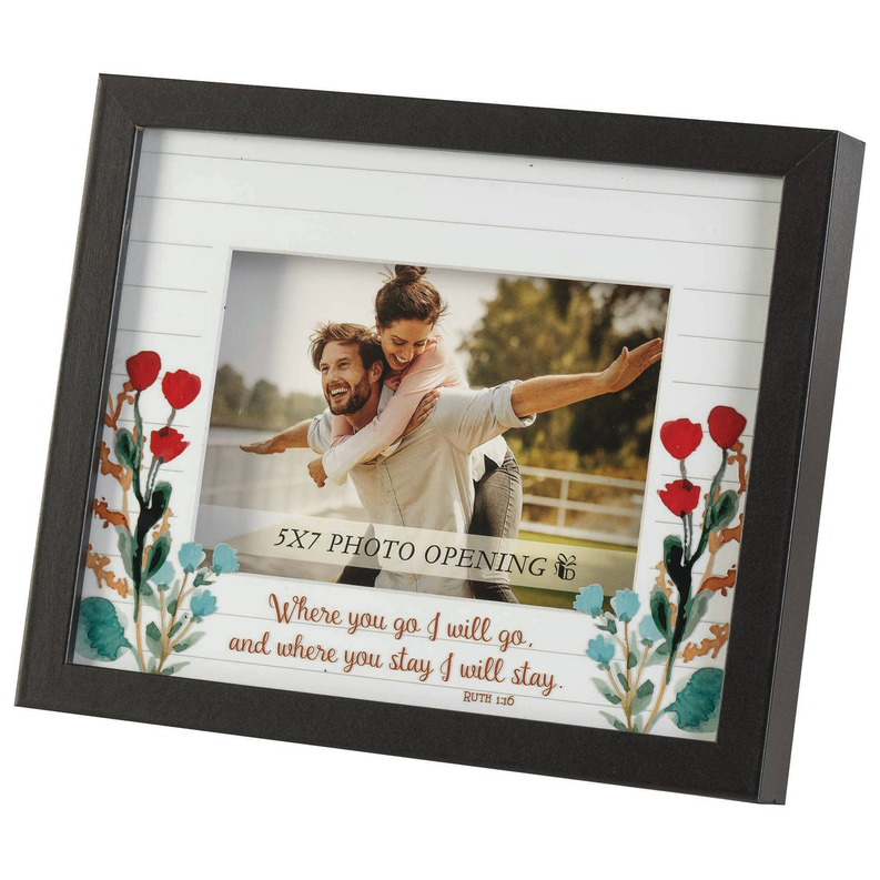 Dark gray 5x7 photo frame, tilted view, red roses with teal leaves on corners
