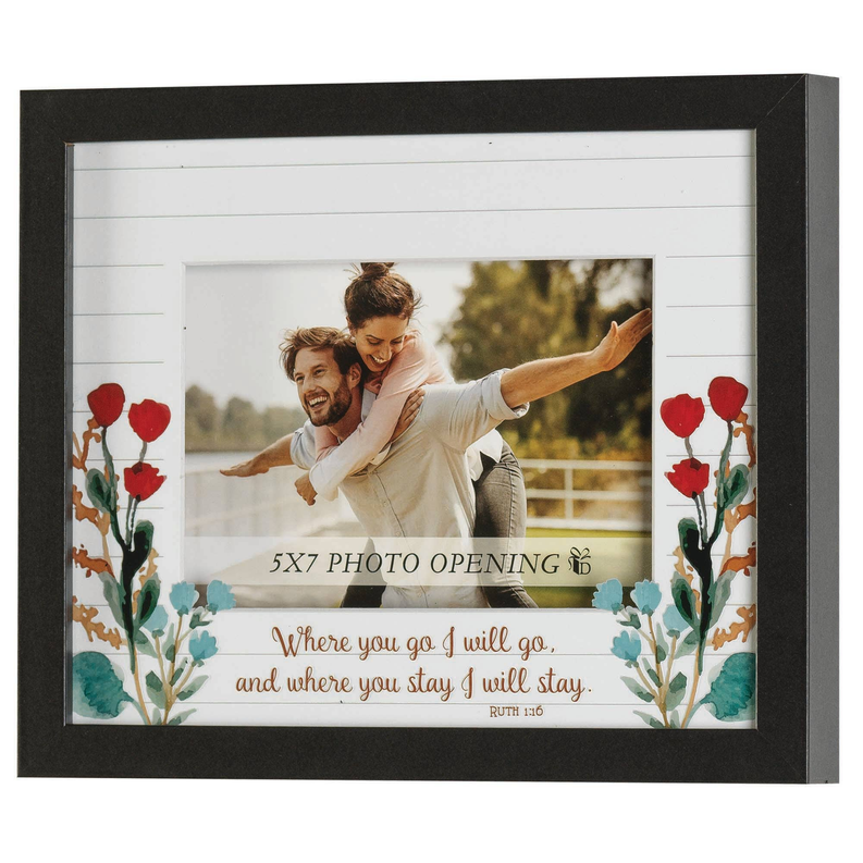 Dark gray 5x7 photo frame with red rose corner decals and teal foliage