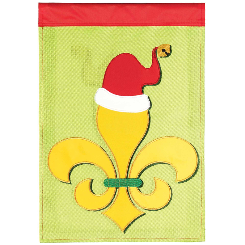 Fleur-de-lis burlap flag with red Santa hat applique on green