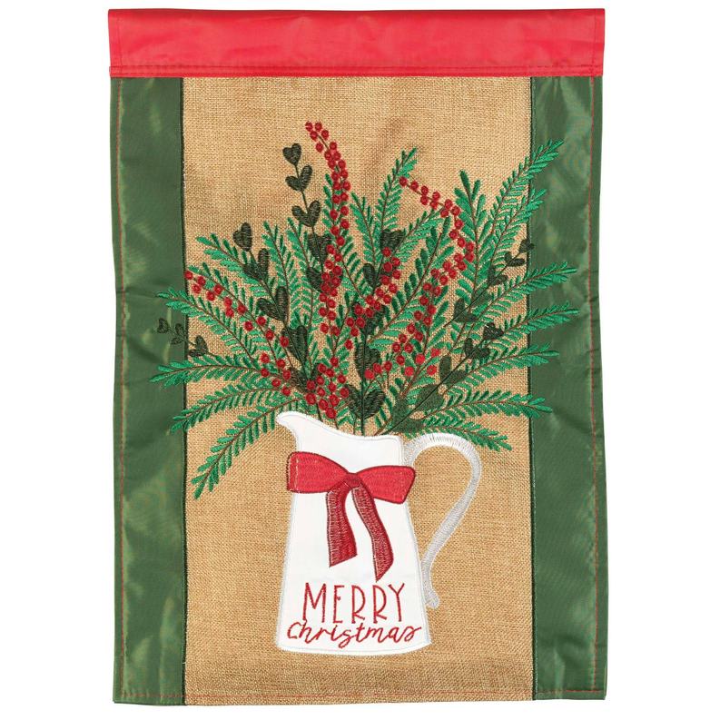 Merry Christmas burlap decorative flag with holly branches and red ribbon