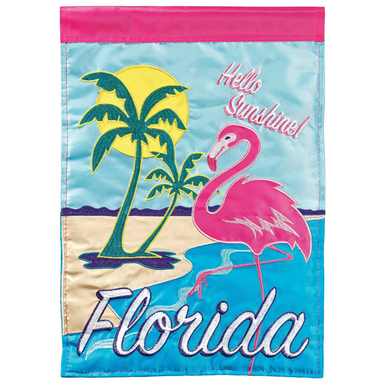 Florida garden flag: flamingo with palm trees and “Hello Sunshine”, blue