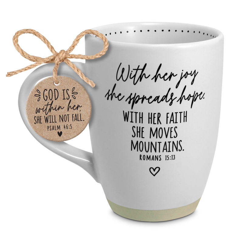 White ceramic 17oz mug with scripture quote and rope-attached message tag