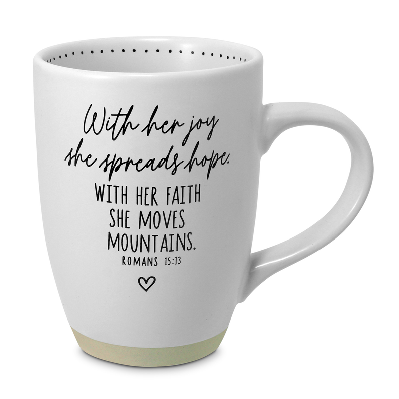 White ceramic 17oz mug with printed scripture quote on the front