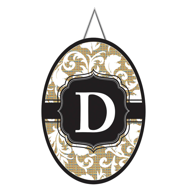 Oval door banner with monogram letter D, black and gold decorative pattern