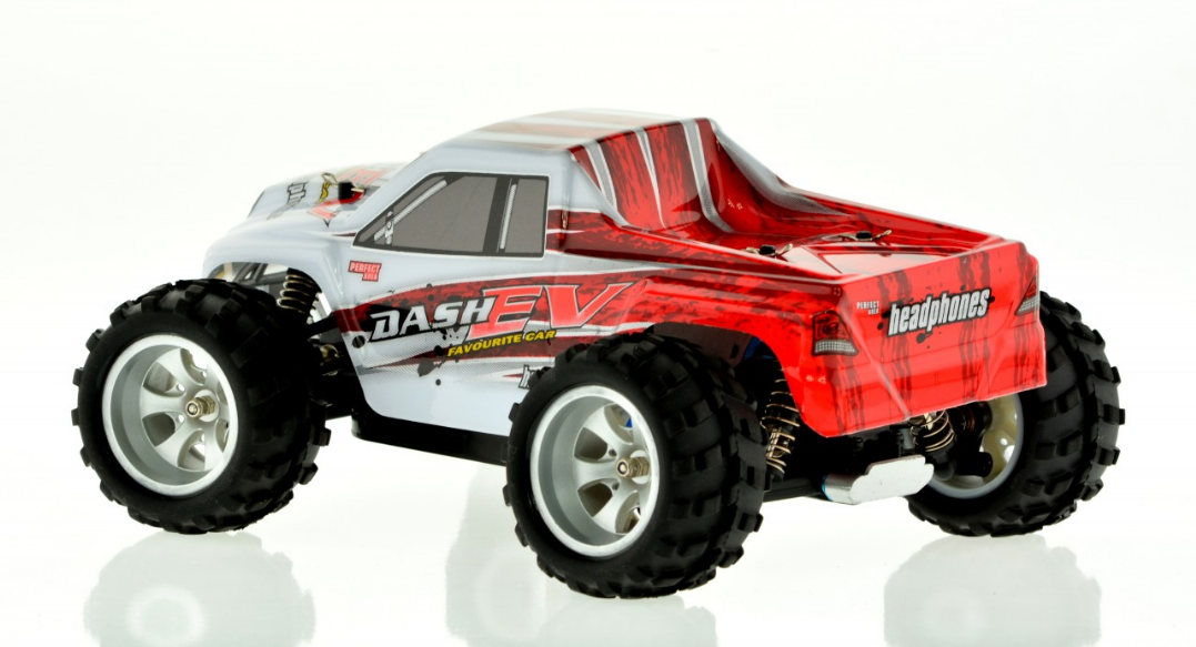 White and red 1:16 scale remote control monster truck with large off-road tires.
