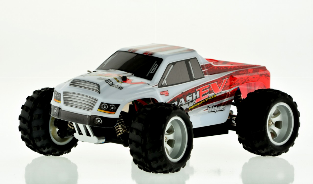 White and red 1:16 scale remote control monster truck front three-quarter view with silver rims.