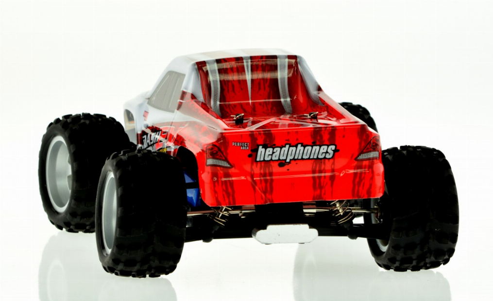 White and red 1:16 scale monster truck rear view with black tires and rear bumper.