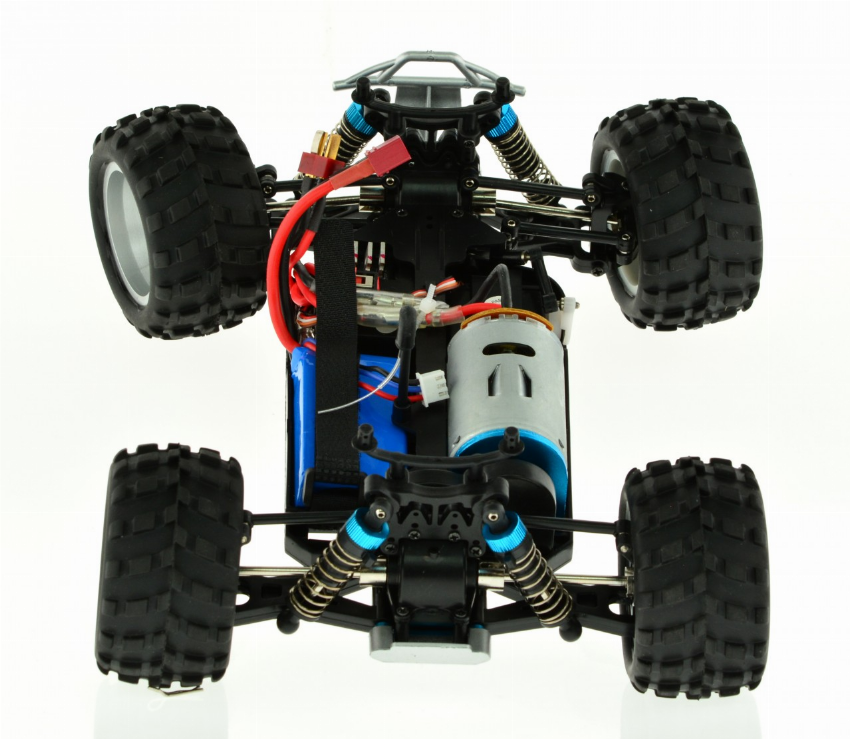 1:16 scale monster truck underside view with suspension components and four large black tires.