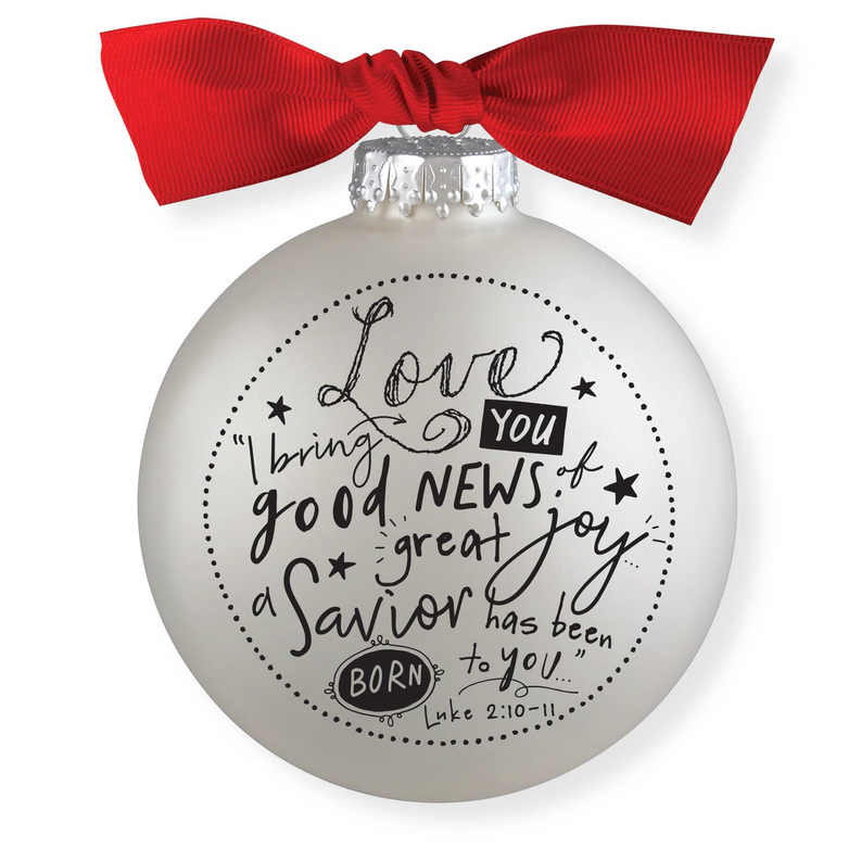 Round white bauble ornament with red ribbon bow and black inspirational quote text
