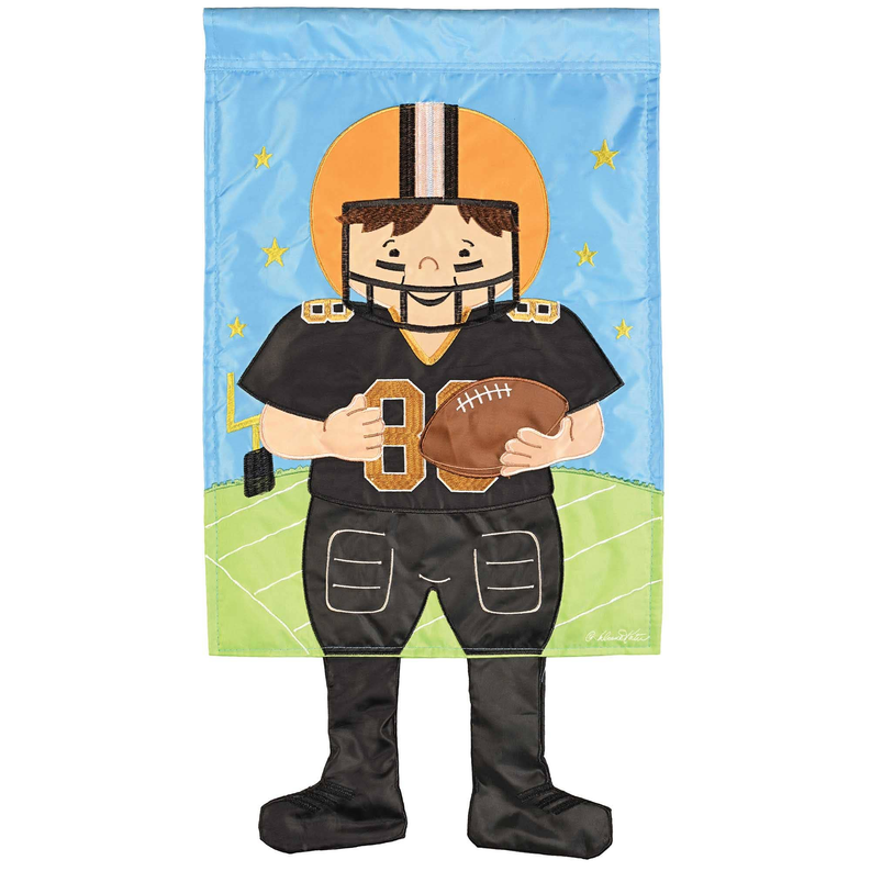 Football player garden flag with cartoon in black jersey, number 8, on blue background