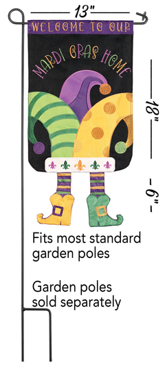 Welcome jester hat garden dangle with purple, green, and yellow fabric and dangling legs