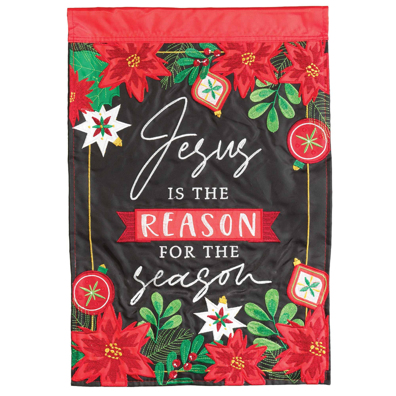 Jesus is the Reason applique garden flag with red poinsettias and “Jesus” text
