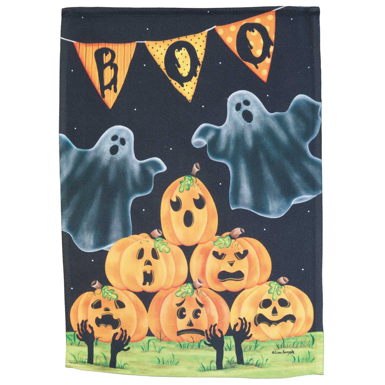 Halloween garden flag featuring smiling jack-o'-lantern pumpkins with hovering ghost shapes