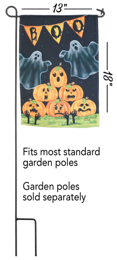 Halloween garden flag with orange jack-o'-lanterns and blue ghost silhouettes on dark background