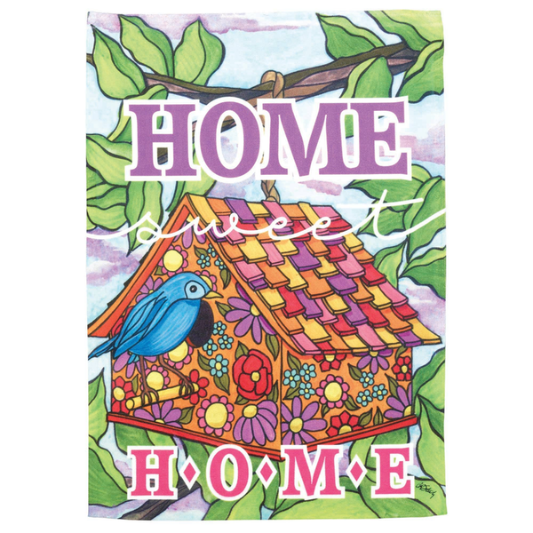 Decorative garden flag with birdhouse illustration and HOME lettering, 13x18