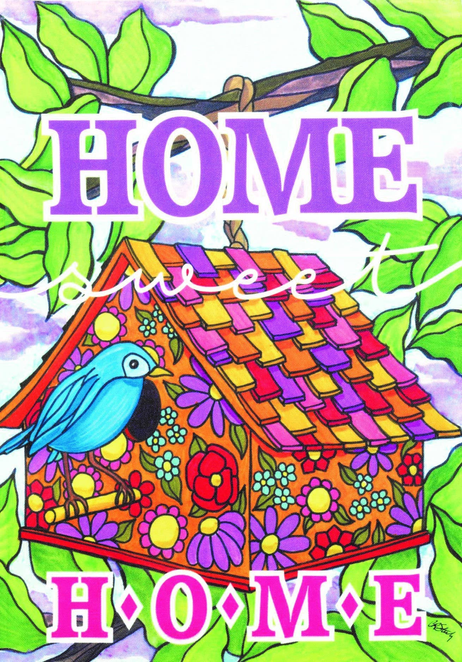 Decorative garden flag close-up with blue bird, colorful roof, and HOME lettering